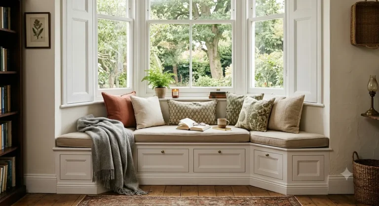 1. Built-in bay window seat with storage bench, cushions and a book, styled as a cosy reading nook