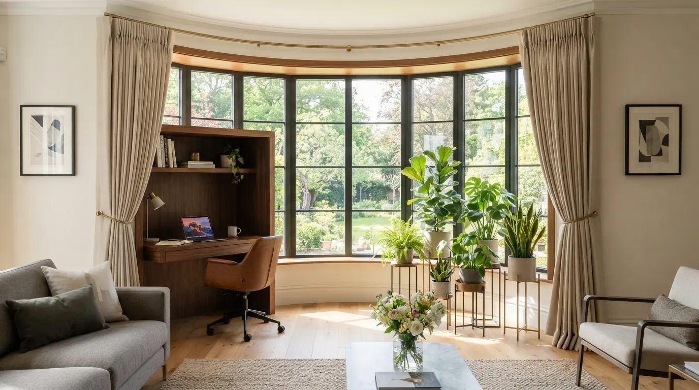 1. Splay bay window in a period living room styled with layered curtains, a rug, and a floating display shelf