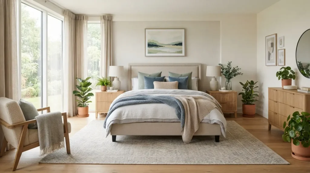 Modern bedroom featuring a calming colour scheme with warm white, beige, sage green, dusty blue, natural wood accents, and elegant contemporary décor.