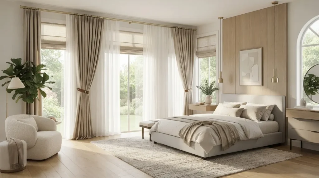 Modern bedroom featuring layered sheer curtains, linen drapes, Roman blinds, and elegant window dressing with soft natural light and contemporary décor.