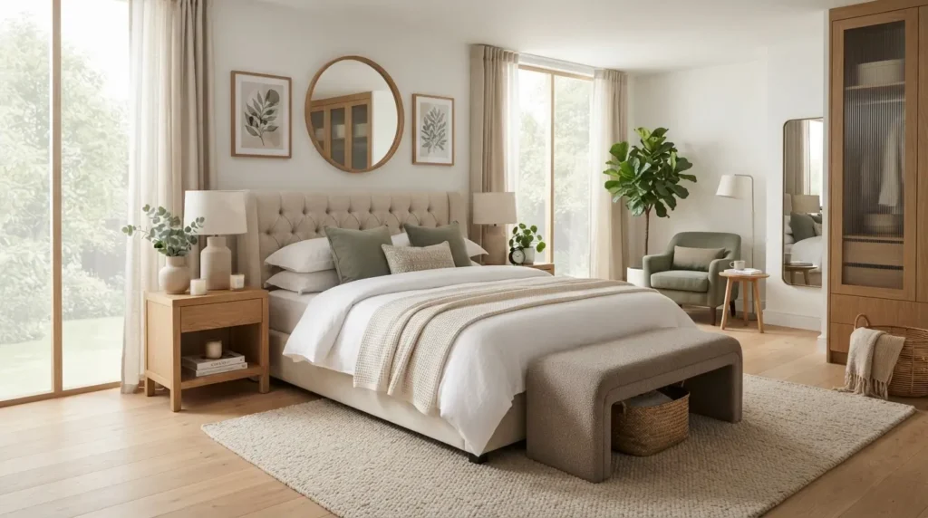 Modern bedroom featuring elegant décor and styling with layered bedding, decorative pillows, indoor plants, artwork, stylish accessories, and soft natural lighting.