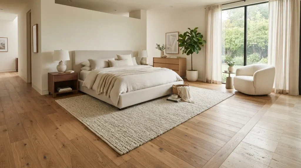Modern bedroom featuring elegant hardwood flooring, a textured area rug, natural wood furniture, and contemporary décor in a bright, relaxing space.