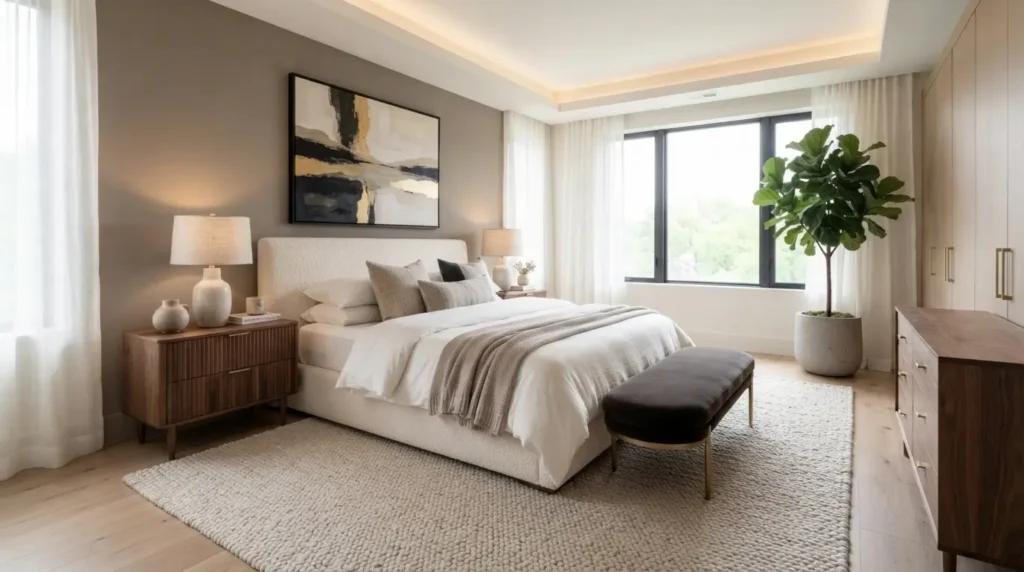 Modern luxury bedroom featuring a king-size bed, elegant furniture, soft neutral colors, natural lighting, and stylish décor for a relaxing sleep space.