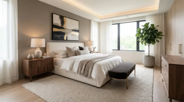 Modern luxury bedroom featuring a king-size bed, elegant furniture, soft neutral colors, natural lighting, and stylish décor for a relaxing sleep space.