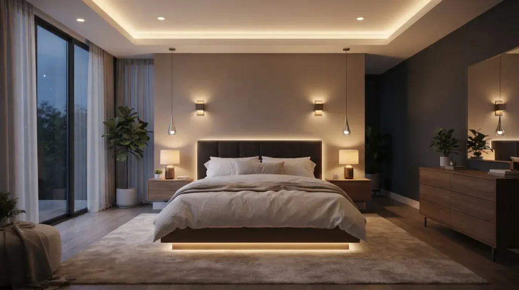 Modern bedroom showcasing layered lighting ideas with LED cove lights, pendant lights, wall sconces, bedside lamps, and warm ambient lighting.
