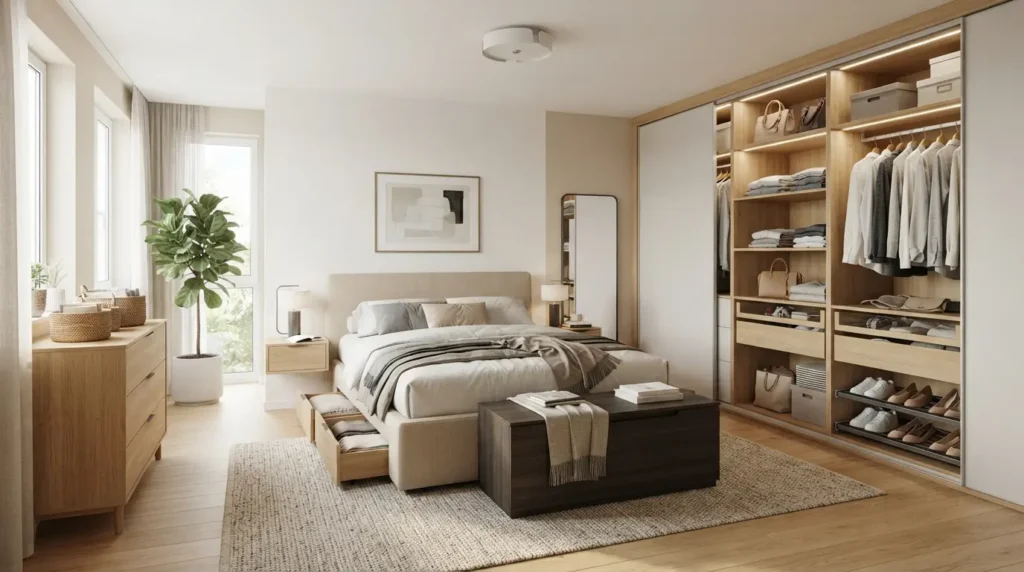 Modern bedroom featuring built-in wardrobes, under-bed storage, floating nightstands, and smart storage solutions in a stylish contemporary design.