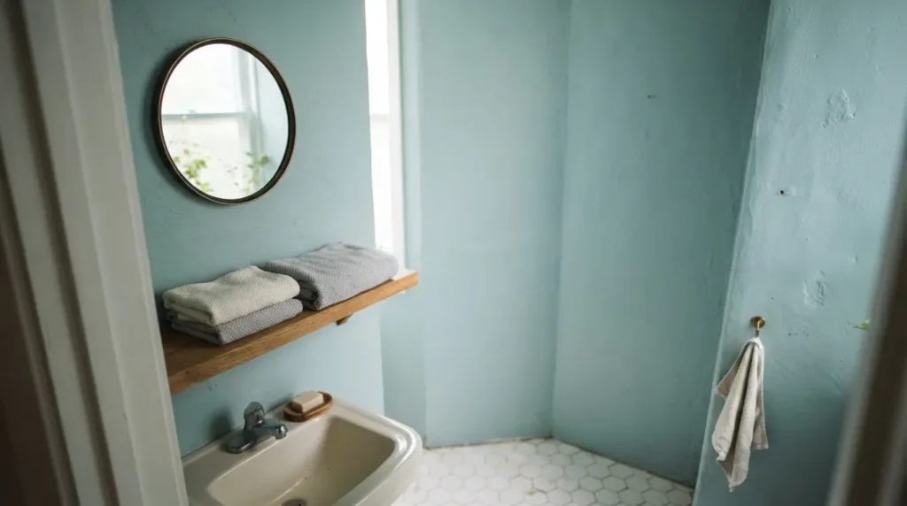 3.	Soft sheen eggshell paint finish applied around a bathroom basin splash zone