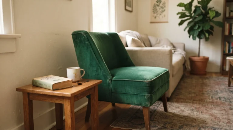 Bold emerald green accent chair as a focal point in a neutral living room