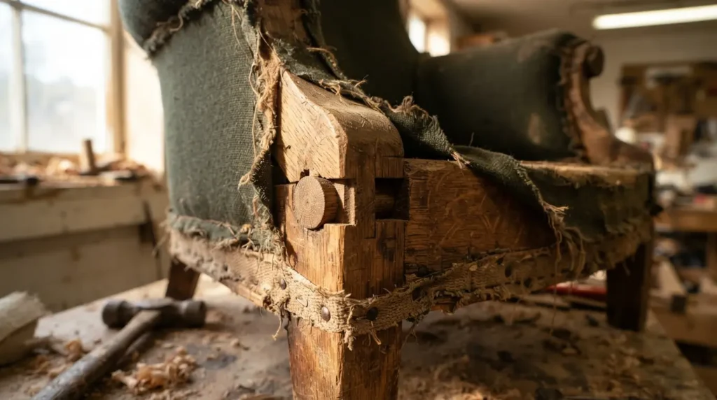 Close-up of an armchair's hardwood frame before reupholstery