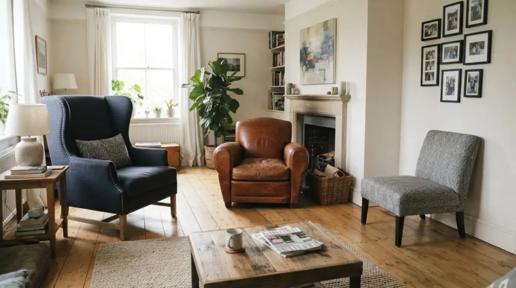 Comparison of wingback, club and slipper armchair styles in a living room setting