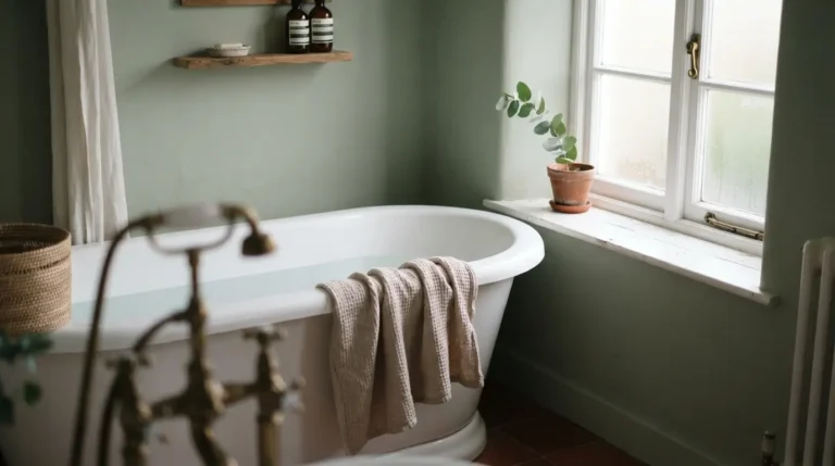1. Soft sage green moisture-resistant paint on a bathroom wall tested near natural window light