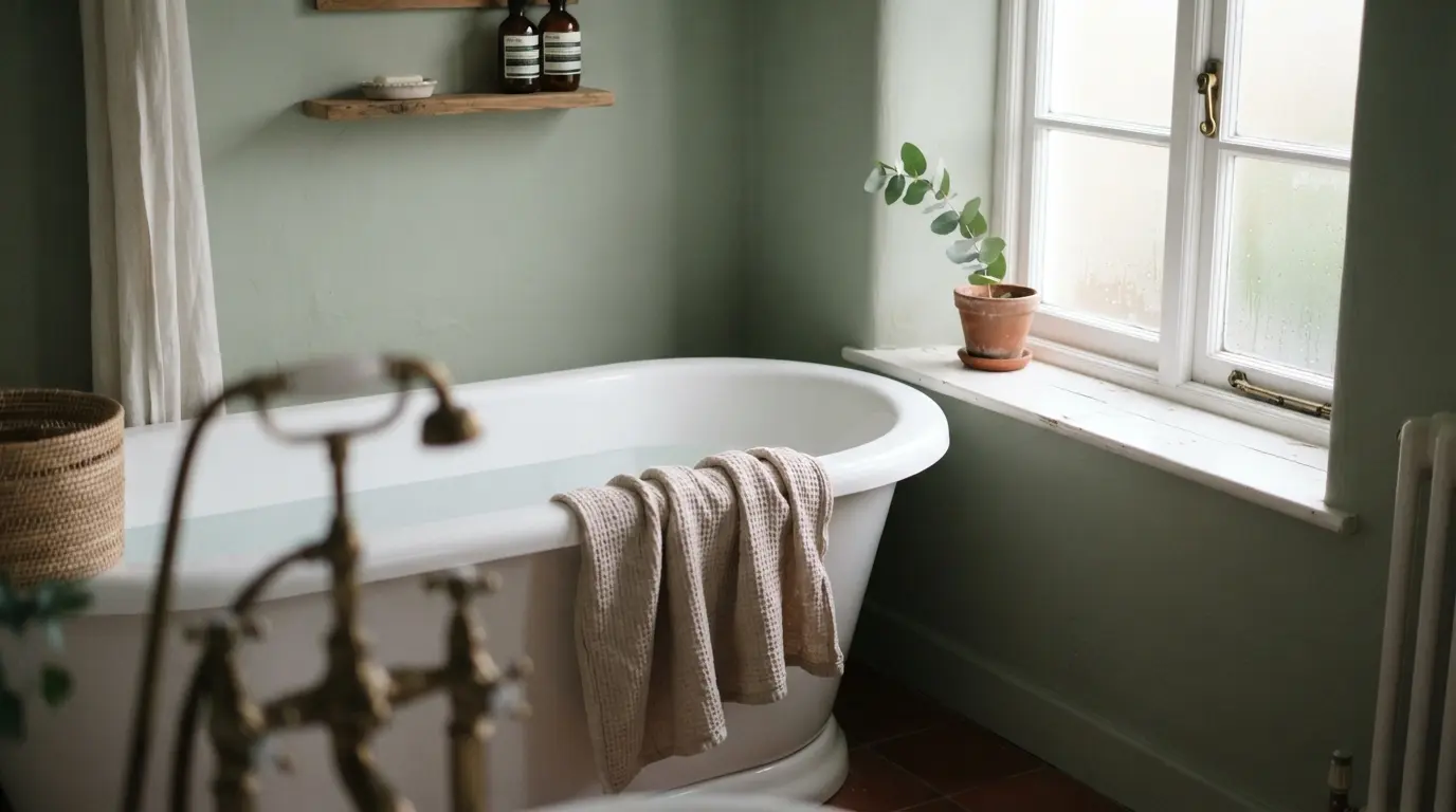 1. Soft sage green moisture-resistant paint on a bathroom wall tested near natural window light