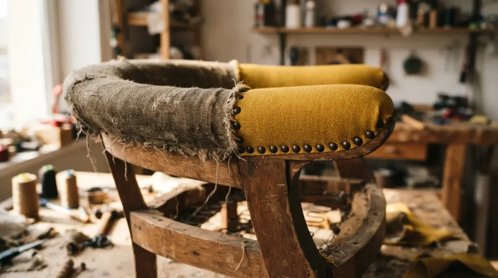 Close-up of a reupholstered accent chair frame with new bold fabric