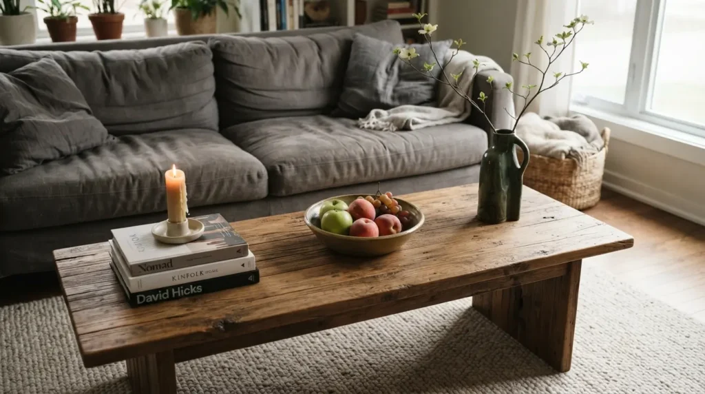 Coffee table styled in layers with a tray, books, candle and vase like an interior designer