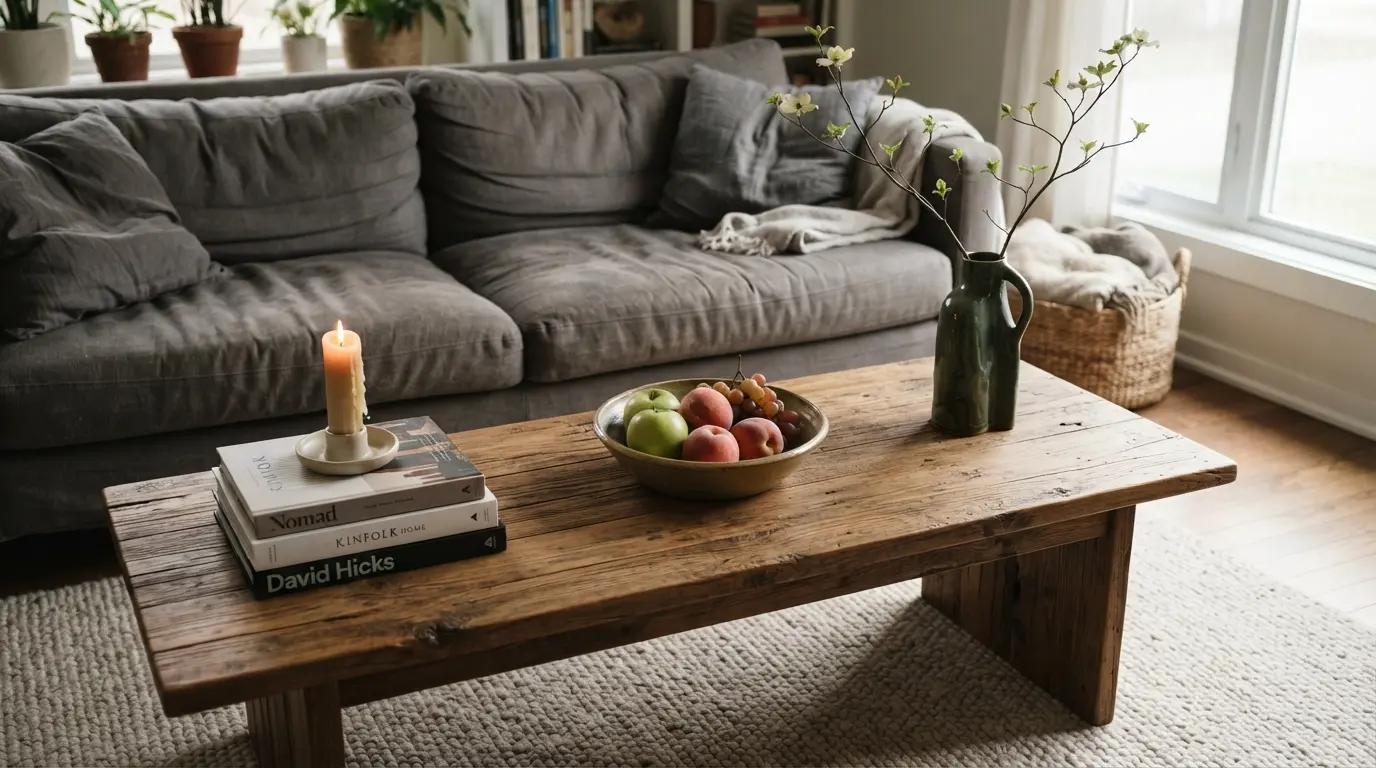 Coffee table styled in layers with a tray, books, candle and vase like an interior designer