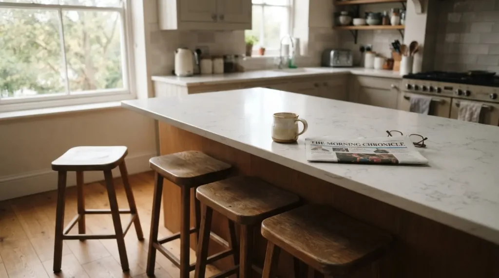 2. Quartz worktop overhang on a fitted breakfast bar showing proper stool clearance