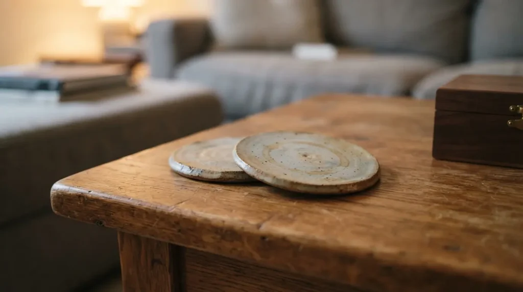 Close-up of a styled coffee table corner with coasters and a small decorative box hiding a remote