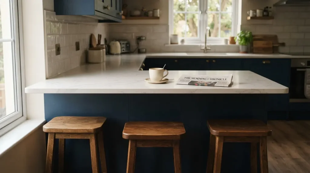 1. Peninsula breakfast bar extension with stool seating added to a small kitchen layout