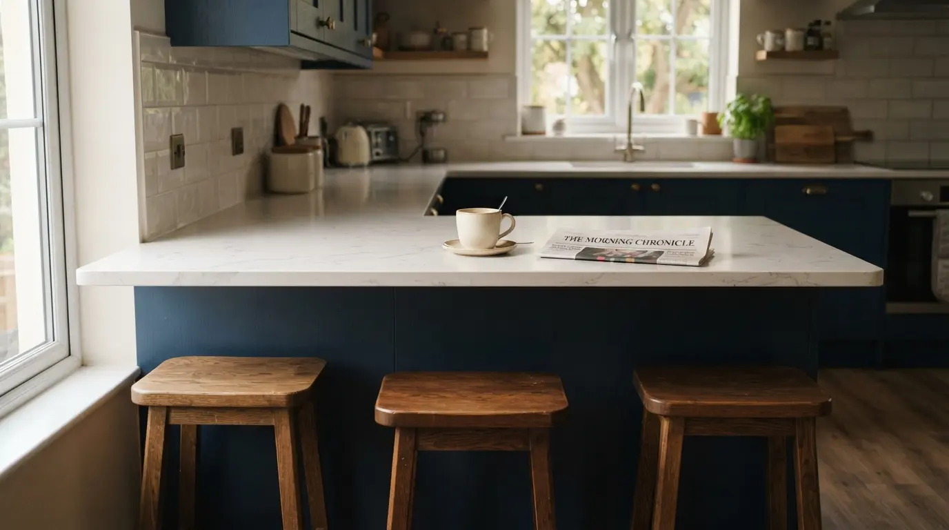 1. Peninsula breakfast bar extension with stool seating added to a small kitchen layout