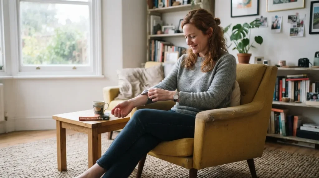 Person testing armchair fit and proportion in a bright living room before buying