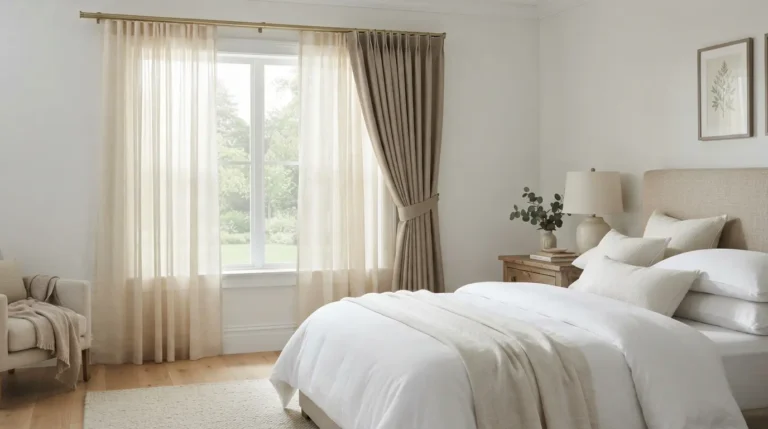 1. Floor-length blackout bedroom curtains hung on a pole extending beyond the window frame in soft evening light
