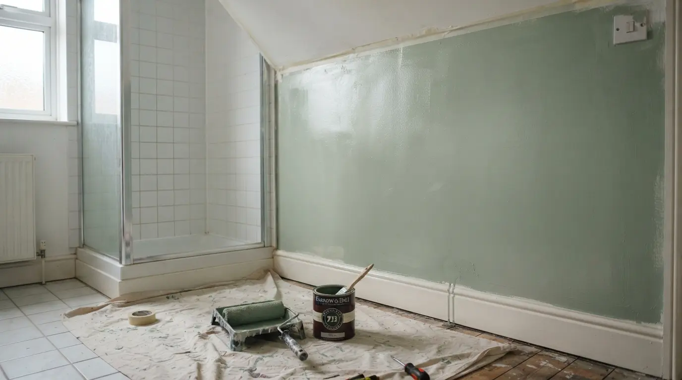 Satin finish moisture resistant bathroom paint on a wall beside a tiled shower enclosure