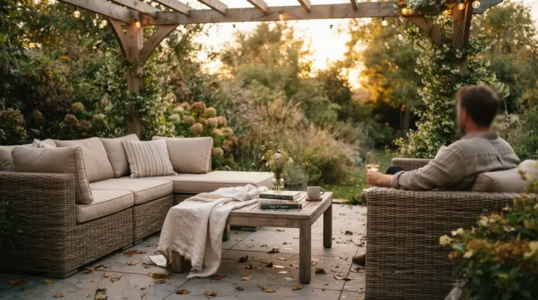Zoned garden entertainment area with paving, pergola, modular sofa and styled outdoor coffee table