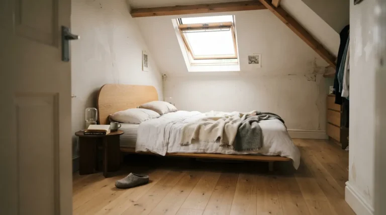 1. Attic bedroom layout with low platform bed positioned under the ridge and eaves storage along the knee walls