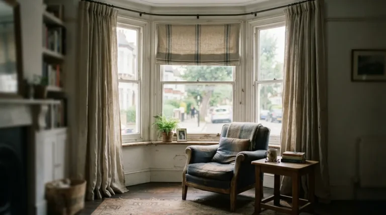 1. Living room bay window dressed with floor-length curtains on a curved track and a fitted Roman blind beneath