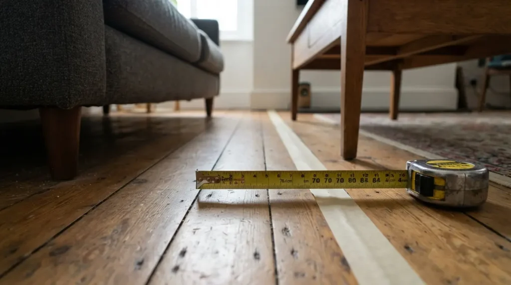Measuring the clearance space between a sofa and a coffee table with tape on the floor