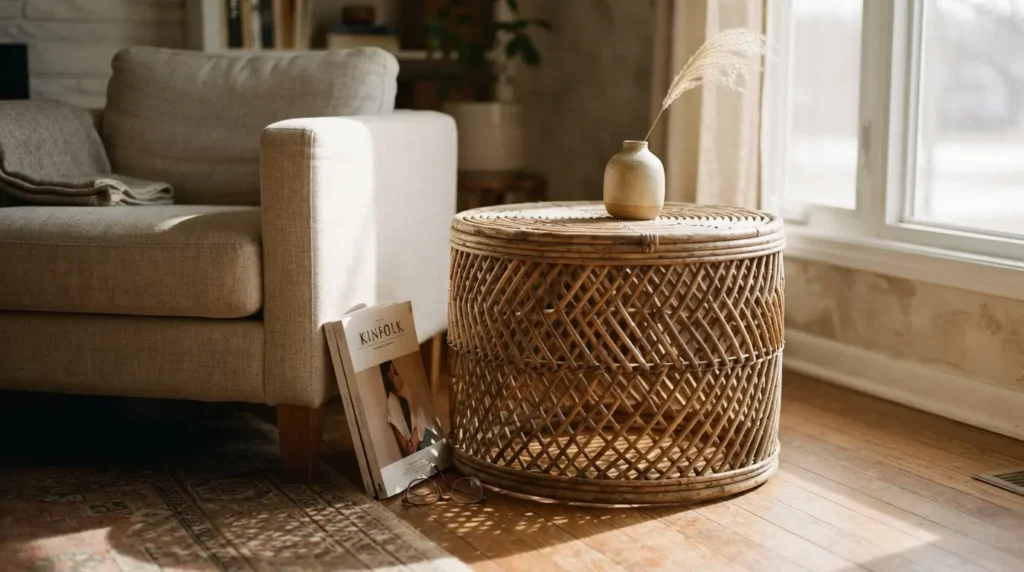 Pair of mismatched side tables flanking a sofa with a lamp and small stack of books