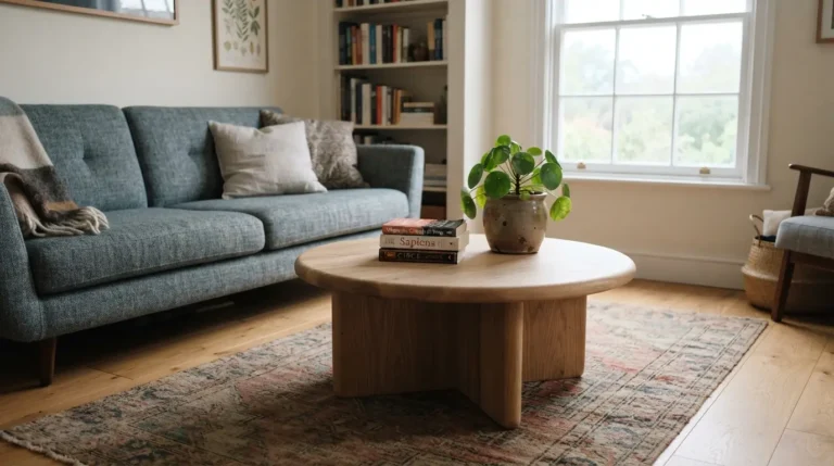 Rectangular wood coffee table sized correctly in front of a living room sofa