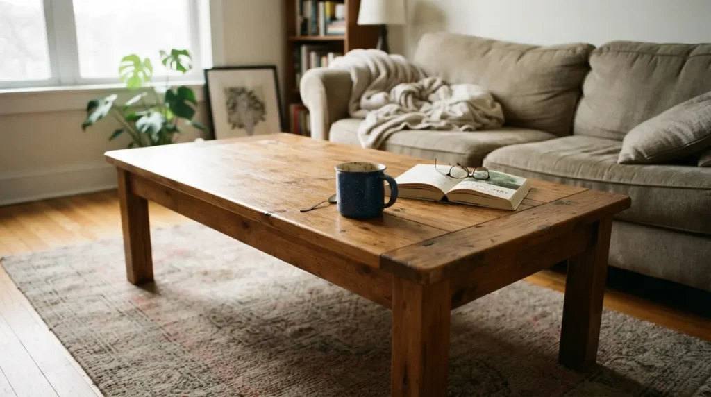 Round wood coffee table with soft edges in a small living room