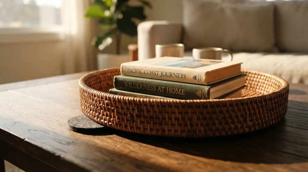 Stack of coffee table books and a tray used as a base layer for coffee table styling