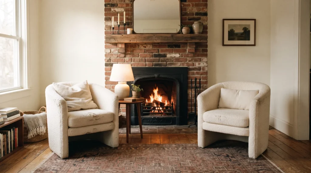 Symmetrical pair of accent chairs flanking a living room fireplace