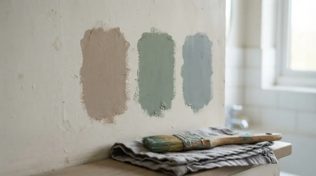 2.	Bathroom colour tester patches painted directly on the wall beside tiles and fixtures