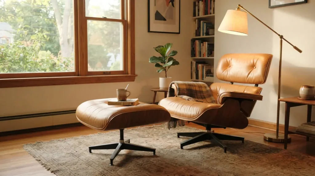 Eames lounge chair and ottoman styled in a bright living room corner