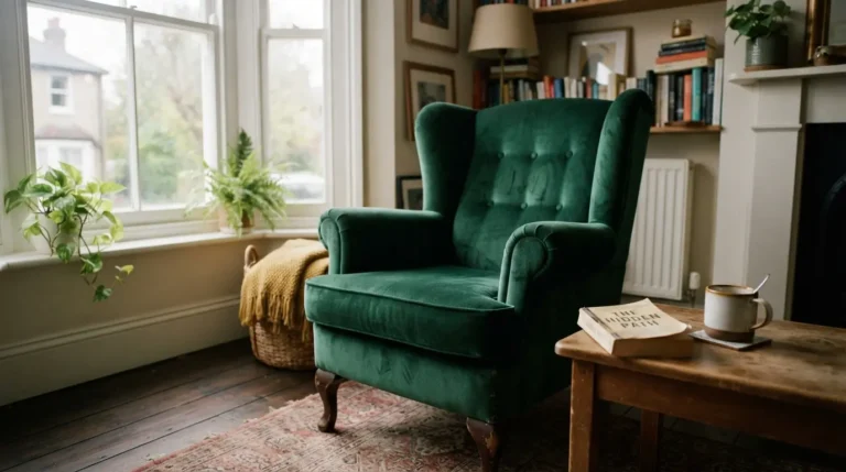 Velvet wingback armchair as a reading corner focal point in a living room