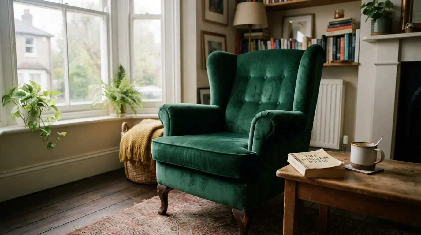Velvet wingback armchair as a reading corner focal point in a living room