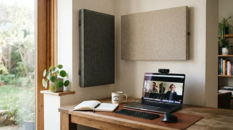 Fibreglass acoustic panels mounted on a home office wall to absorb sound and reduce echo