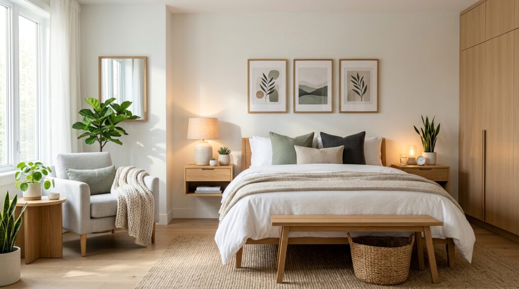 Bright modern bedroom with a cozy reading nook, minimalist furniture, soft neutral colors, indoor plants, and natural light creating a comfortable sleep space.