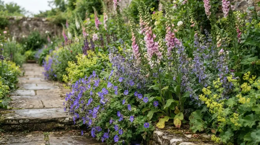Cottage-style mixed border planting along a front garden path