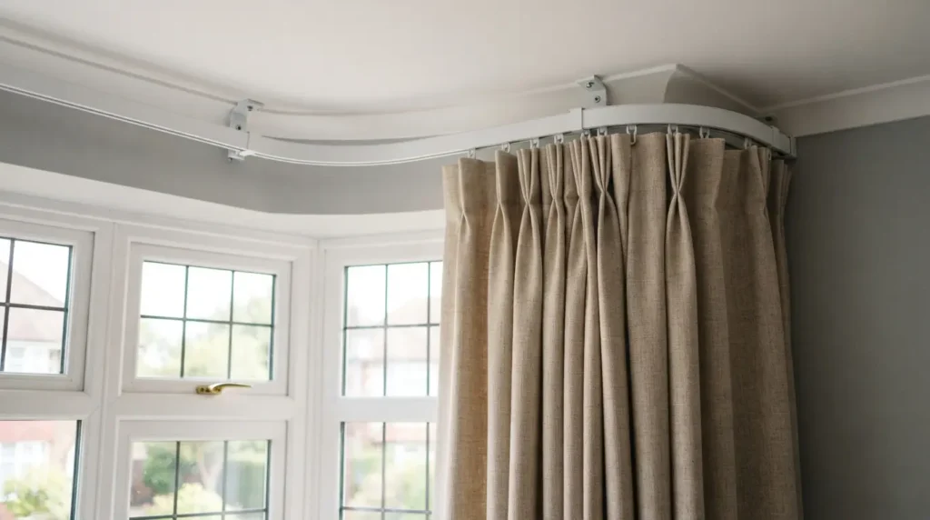 Curved curtain track fitted to a bay window with fabric following the angle