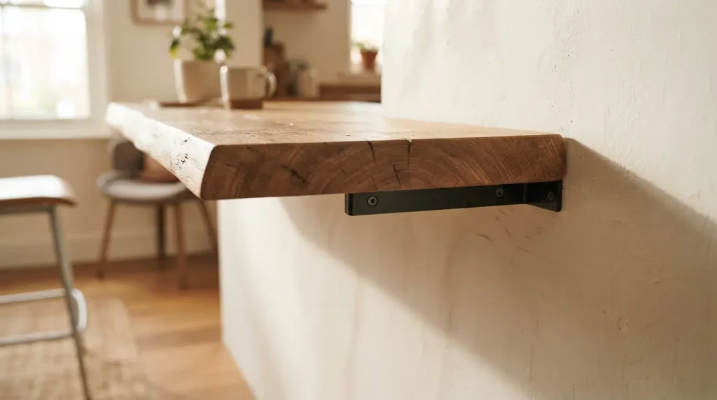 Floating wood breakfast bar ledge fixed to a kitchen wall with hidden brackets