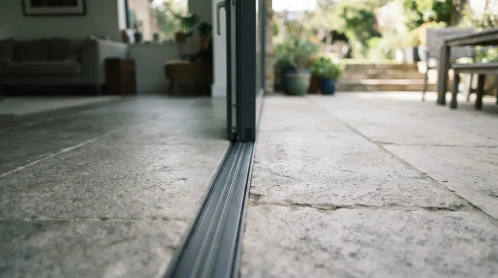 Flush threshold sliding door creating a level step from kitchen to patio