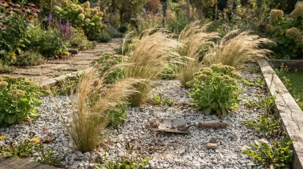 Gravel garden planting with lavender and ornamental grasses for a low maintenance front garden
