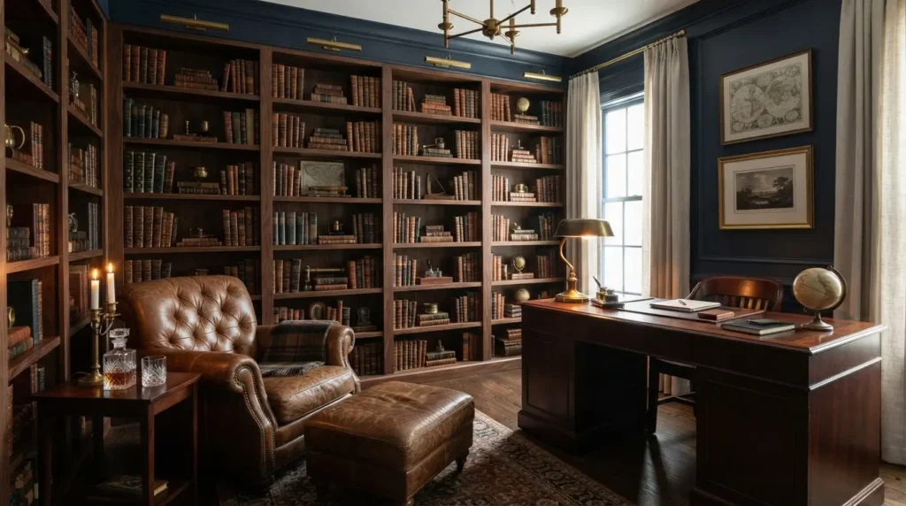 A Navy Home Office or Study for a Focused, Handsome Feel