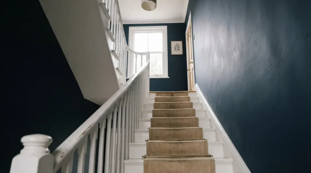 Navy hallway staircase with crisp white spindles and skirting