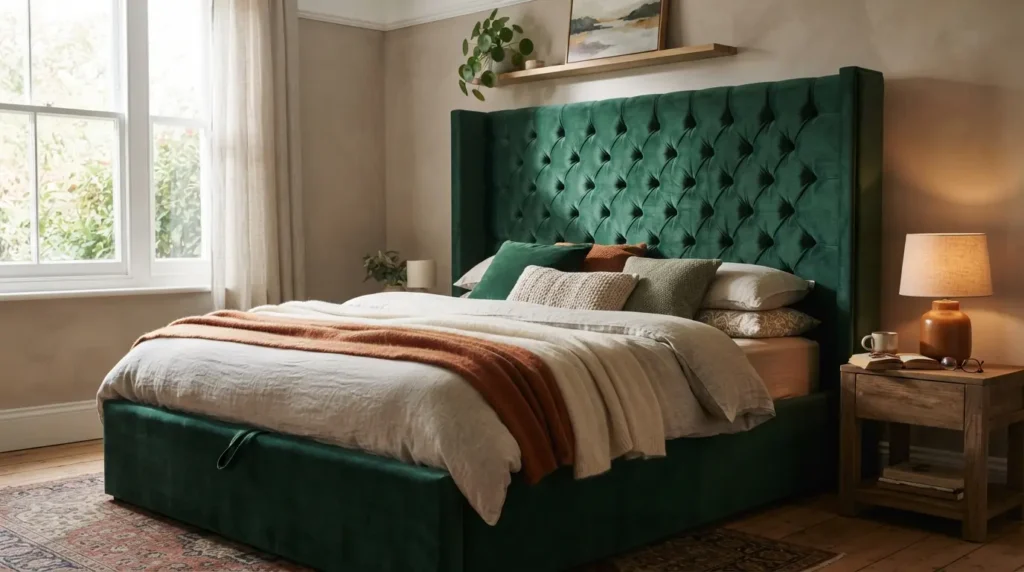 A Tall, Tufted Headboard Ottoman for Real Drama