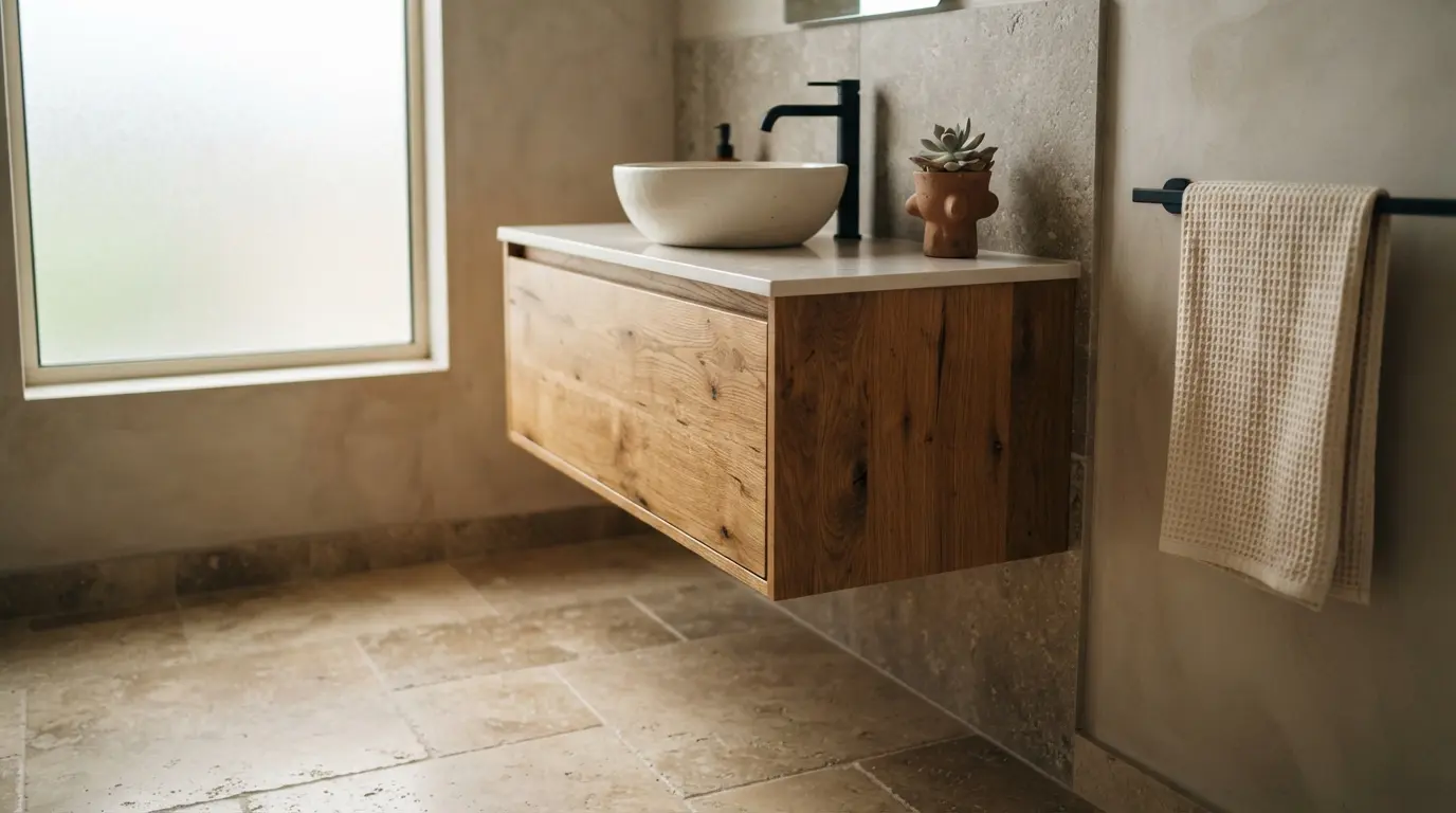 Modern spa-like bathroom with floating vanity and warm neutral stone tiling